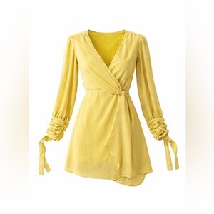 Boohoo Yellow Wrap Mini Dress with Ruched Tie Cuffs